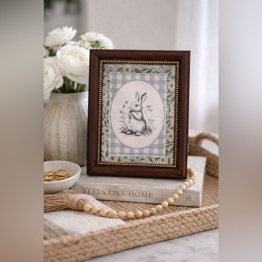 5x7 Framed Bunny Print Floral Gingham Spring Decor NEW